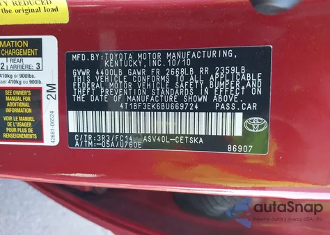 2011 Toyota Camry Se from USA, damaged, VIN 4T1BF3EK6BU669724